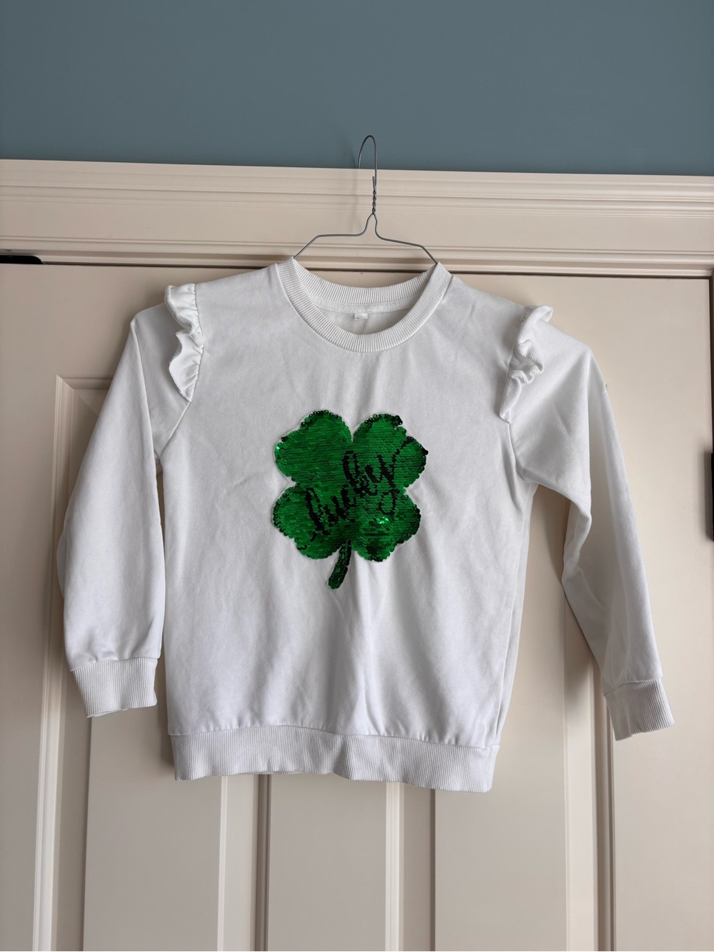 Amazon White Girls Sweatshirt with Green Sequin Clover